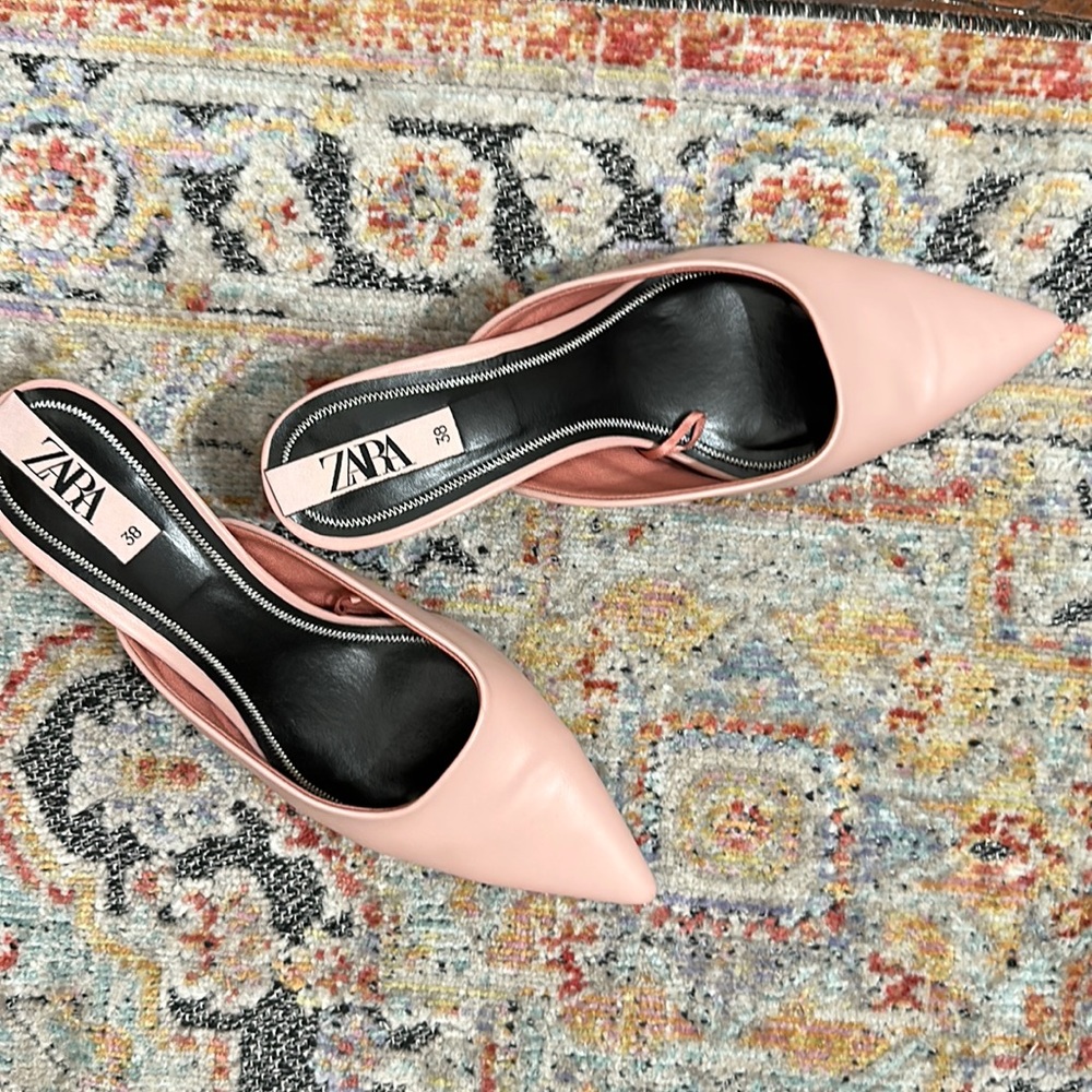 Light pink Zara mule slide, vegan leather kitten heel